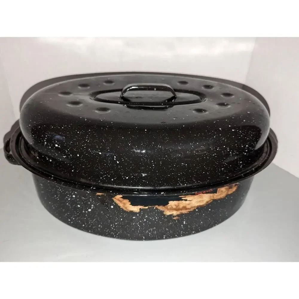 Large Black Speckled Enamel Roasting Pan 16.25